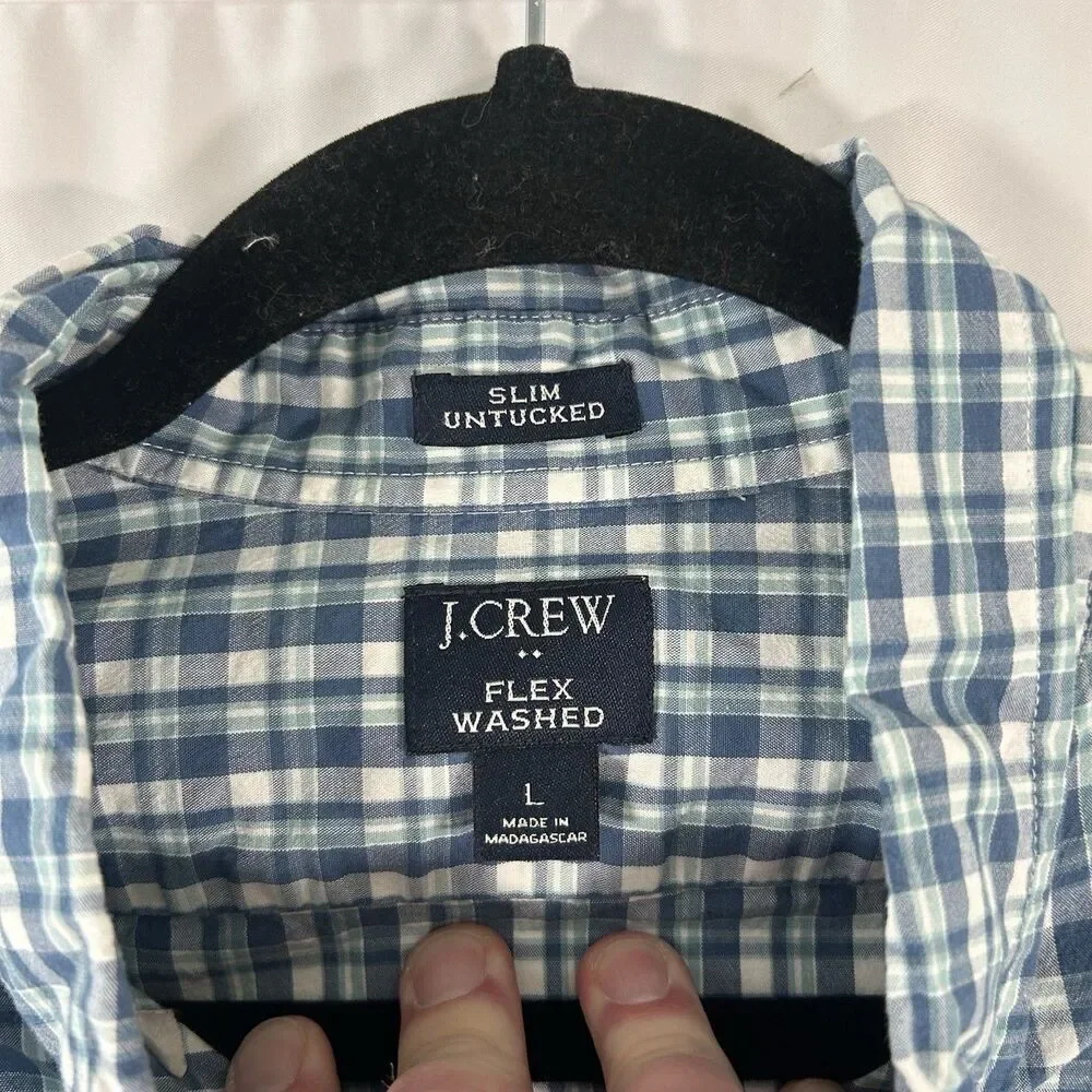 J. Crew Flex Washed Shirt Men's Large Blue Plaid Button Up Long Sleeve Slim